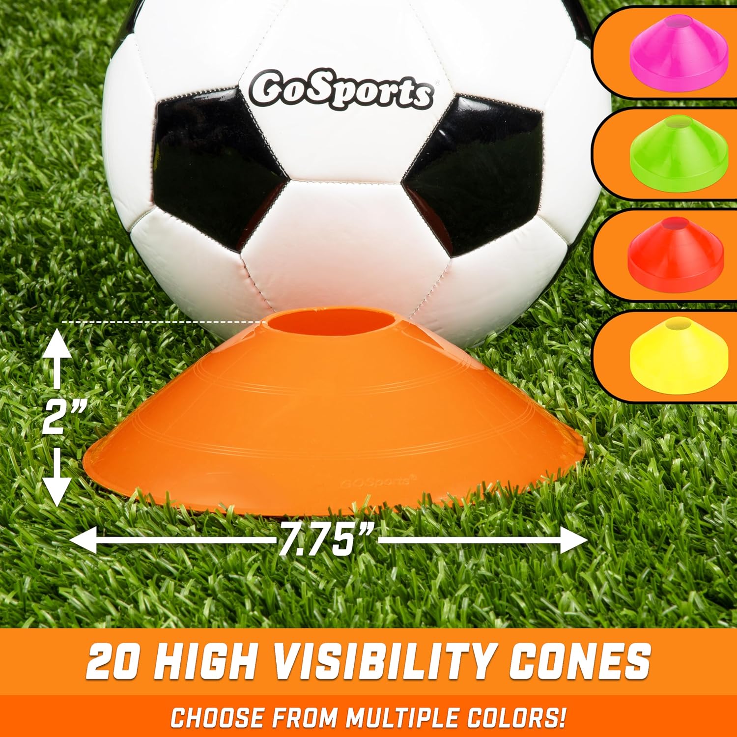 GoSports Premium Sports Cones for Agility Training and Drills - 20 Pack with Tote - Orange, Green, Pink, Yellow, or Red - Image 2