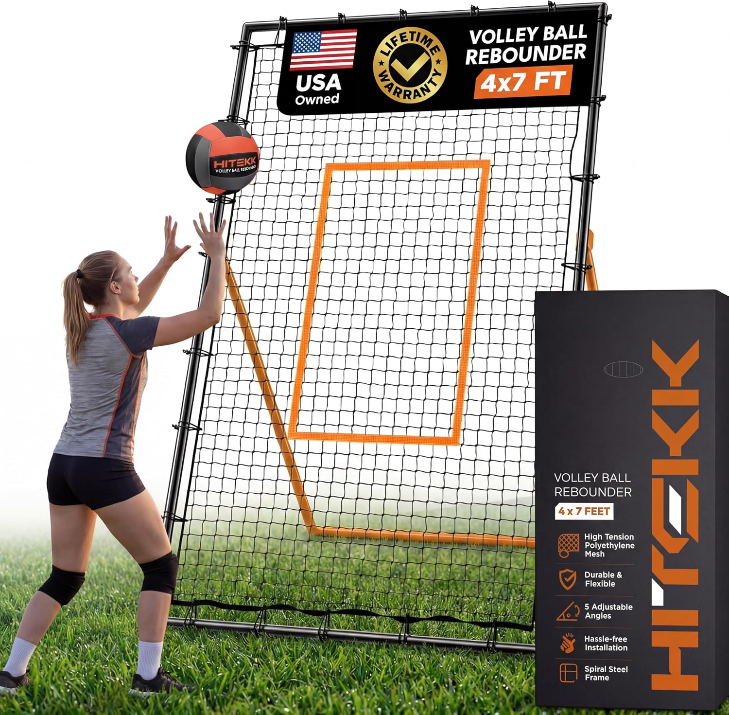 HiTekk Adjustable Volleyball Rebounder | 7x4 ft Solo Practice Rebounder Net | 5X Adjustable Angle, Durable Weather-Resistant Frame, Folds Flat | Volleyball Training Rebounder Net