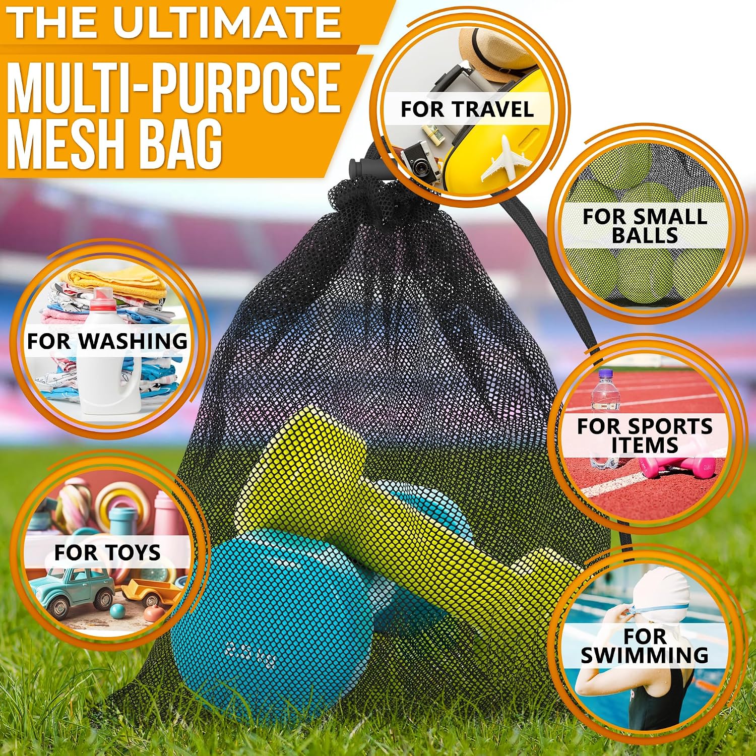 5Pcs Small Mesh Bags Drawstring Black Nylon – 11.8x7.48" Secure Cinch-Top, Mesh Bag for Tennis, Pickleball, Golf, Travel, Beach, Sports Equipment, and Mushroom Foraging – Quick-Dry and Tear-Resistant - Image 5