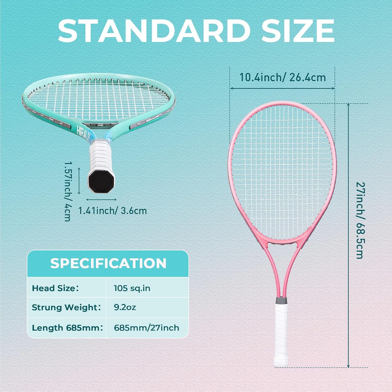 HIRALIY Tennis Rackets 2 Pack for Adults Beginners - 27 Inch Lightweight Aluminum Tennis Racquet Set with 3 Balls & Carry Bag - Vibration Dampening & Large Sweet Spot for Men Women Couples - Image 5
