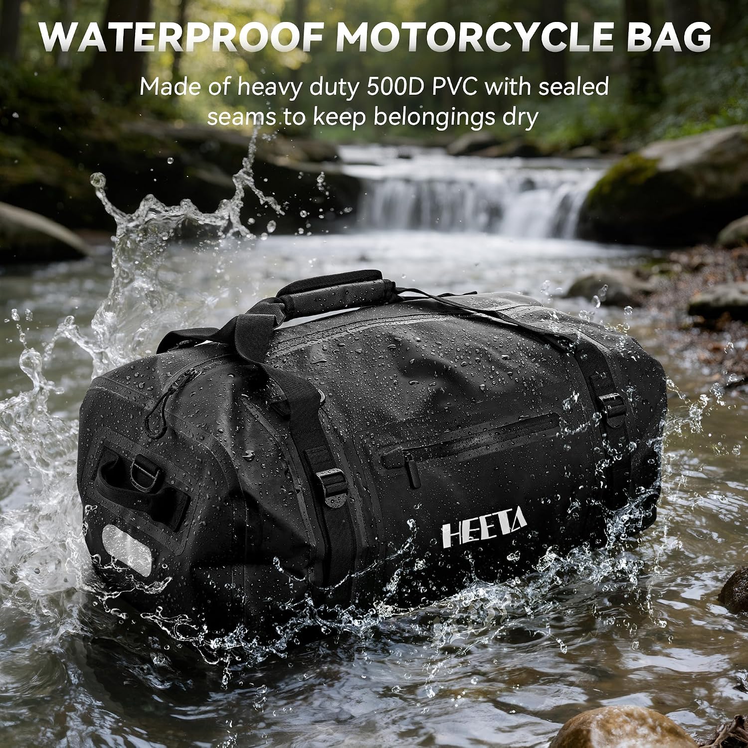 HEETA Waterproof Motorcycle Dry Bag, Waterproof Duffel Luggage Travel Bags with Zippered Closure & Pocket, Shoulder Straps, Large Space for Motorcycling Camping Commuting Boating (Black, 50L) - Image 2