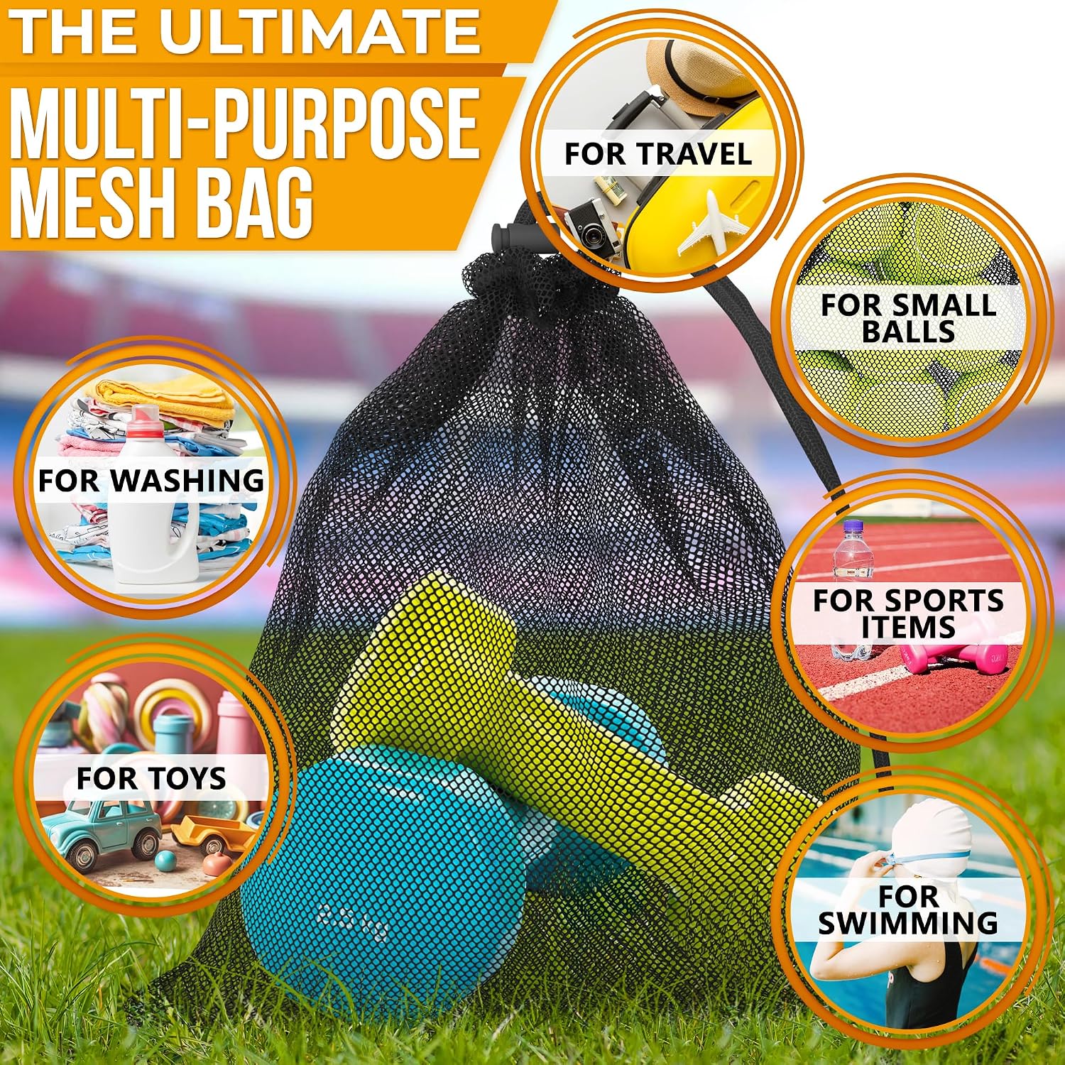 Jambala Mesh Drawstring Bags, 5 Pcs, 11 x 7 Inch - Nylon Net Bags for Swim Gear, Golf Balls, Tennis Balls, Gym Items, and Beach Essentials - Image 5