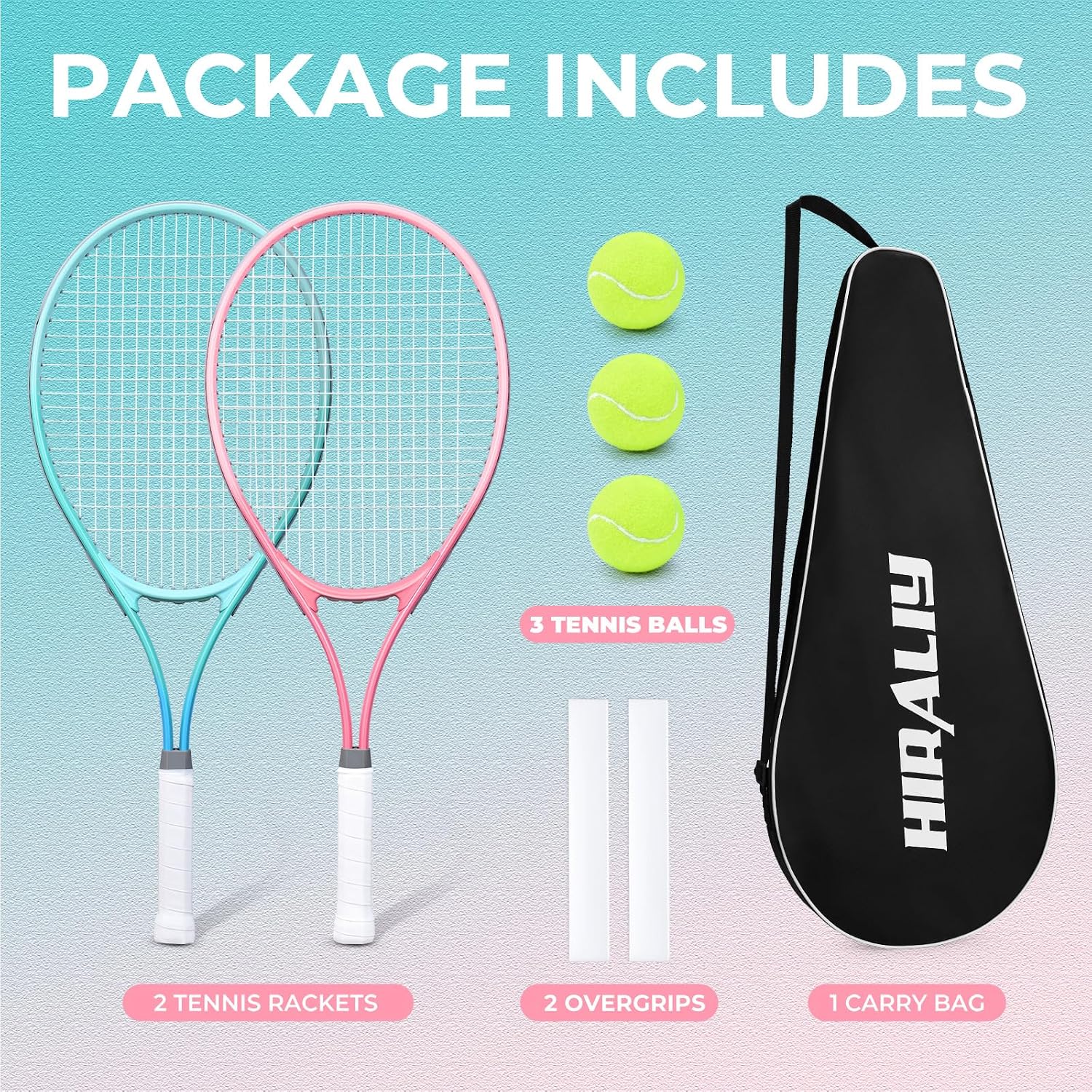 HIRALIY Tennis Rackets 2 Pack for Adults Beginners - 27 Inch Lightweight Aluminum Tennis Racquet Set with 3 Balls & Carry Bag - Vibration Dampening & Large Sweet Spot for Men Women Couples - Image 6