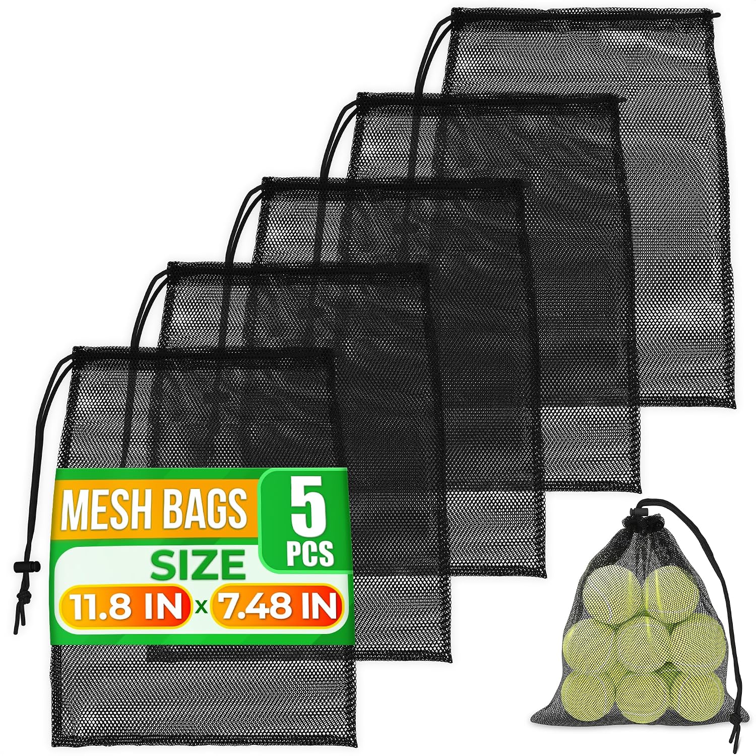 Jambala Mesh Drawstring Bags, 5 Pcs, 11 x 7 Inch - Nylon Net Bags for Swim Gear, Golf Balls, Tennis Balls, Gym Items, and Beach Essentials