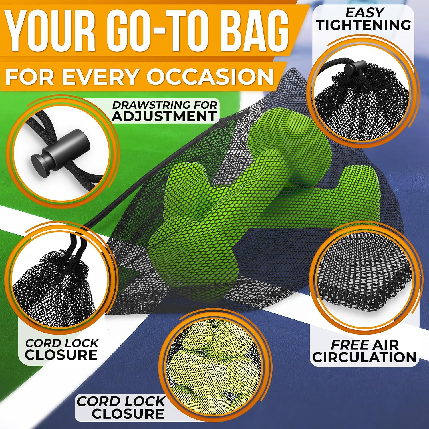 Jambala Mesh Drawstring Bags, 5 Pcs, 11 x 7 Inch - Nylon Net Bags for Swim Gear, Golf Balls, Tennis Balls, Gym Items, and Beach Essentials - Image 4