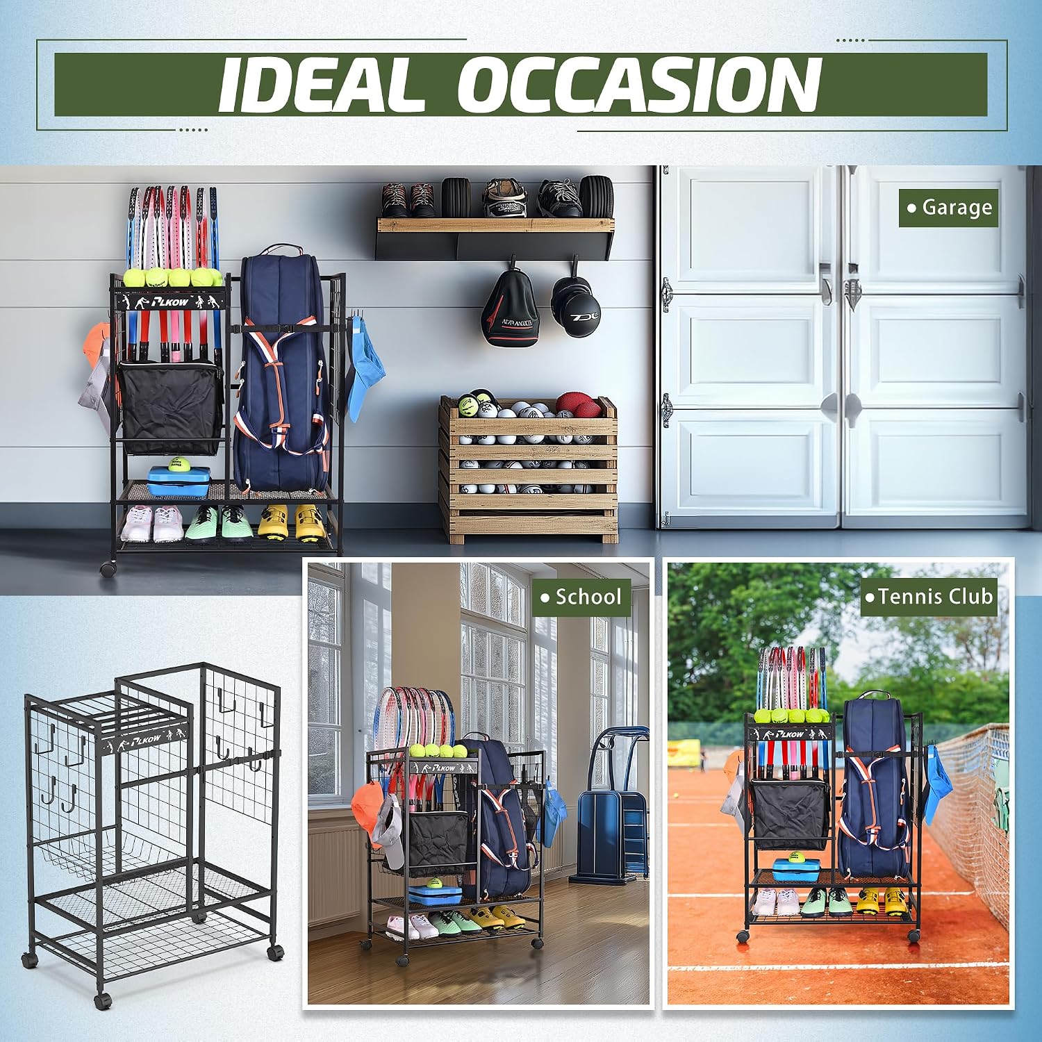 PLKOW Tennis Bag Organizer Tennis Racket Storage Rack, Tennis Equipment Holder for Bags, Balls, Racquet & Accessories, Versatile Gear Organizer for Garage, Club, or School - Image 7